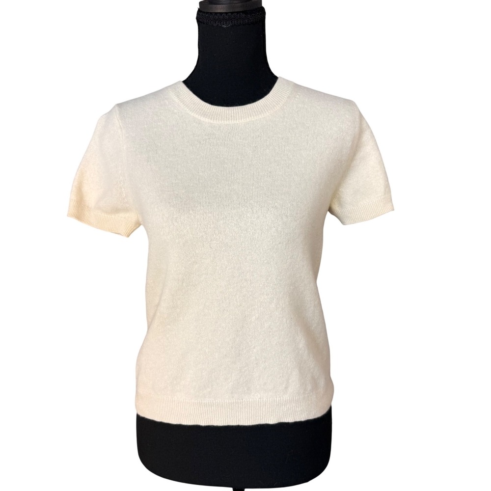 Quince 100% Cashmere Short Sleeve Sweater Cream Ivory Knit Crewneck Shrunken XS